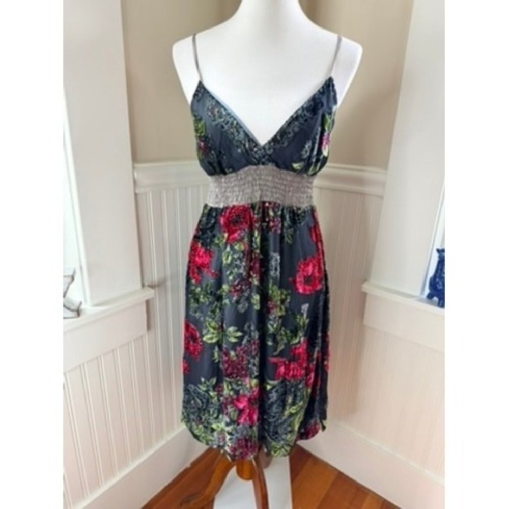 Hale Bob Floral Burnout Velvet Silk Blend Smocked Empire Midi Dress Teal Pink M